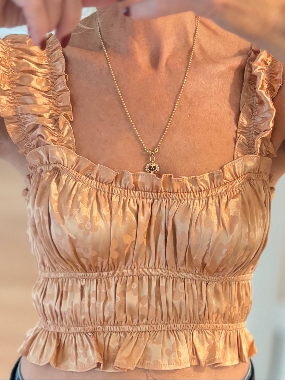 Le Lis Satin Ruffled Peach Crop Top